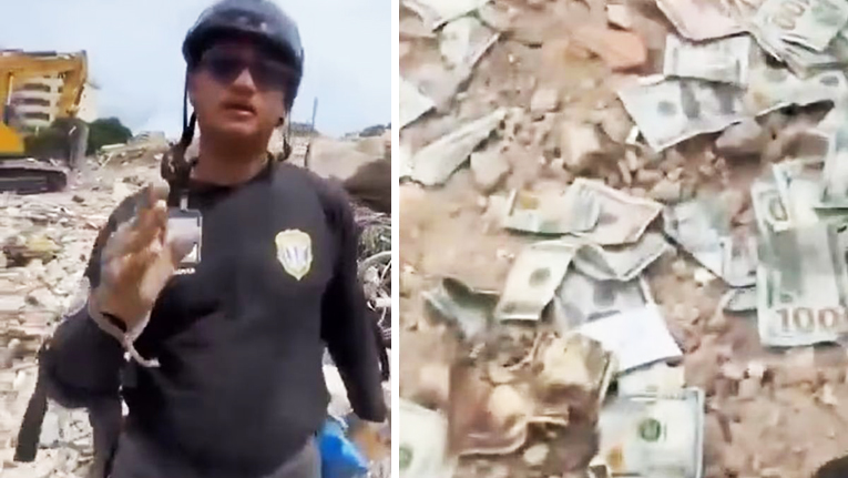 La indignación de los rescatistas en Venezuela al descubrir a un policía que se robaba billetes de dólares de los escombros (video)